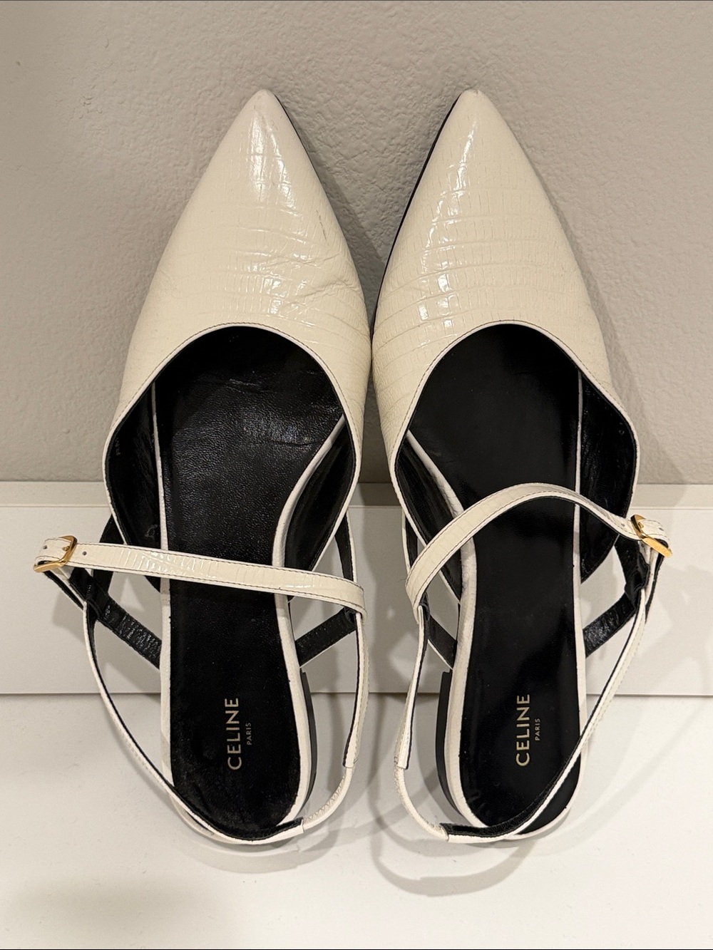 Celine White Pointed-Toe Croc-Embossed Ankle-Strap Flats